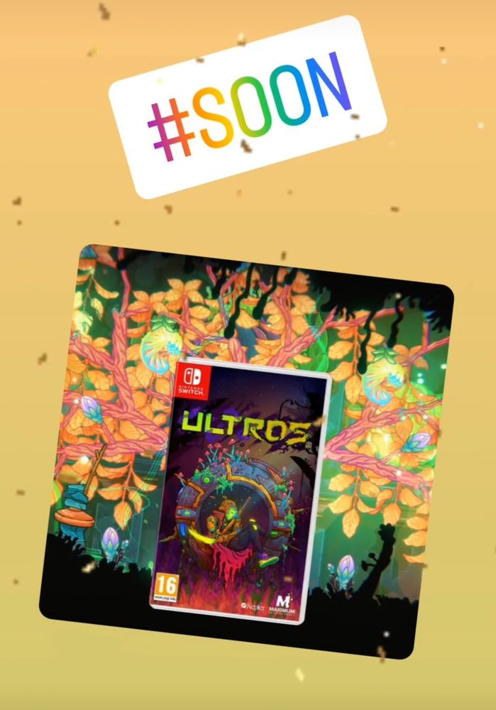 A physical version of the video game Ultros, announced with glittering confetti and the hashtag soon.