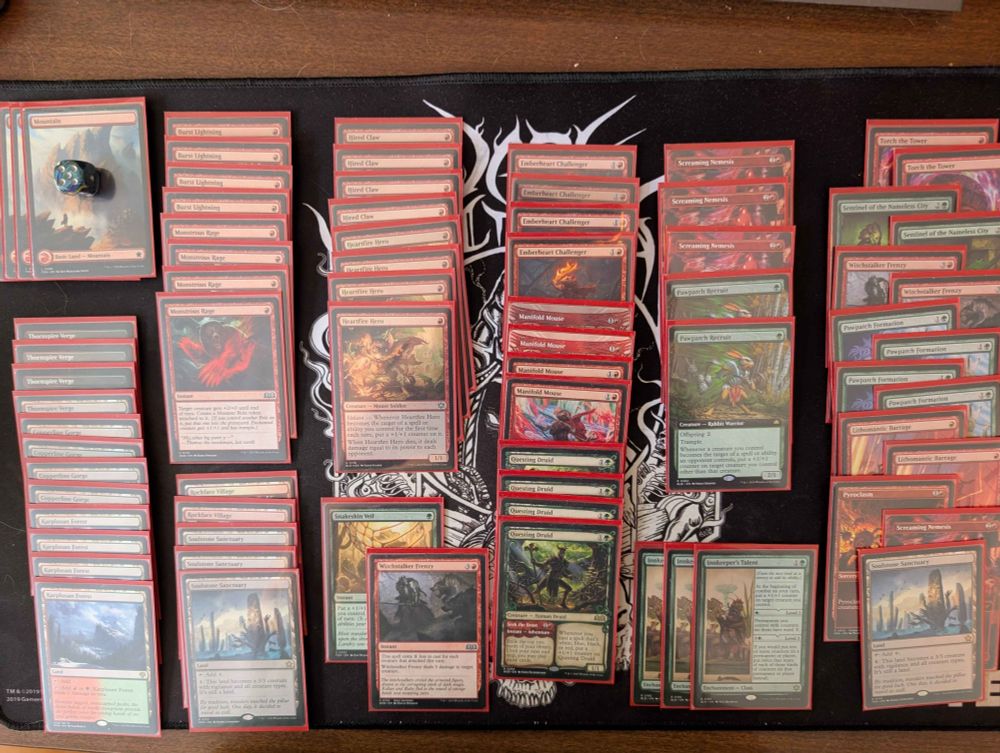 The standard Gruul deck that I won an RCQ with yesterday! Arena import decklist below

Deck
4 Questing Druid (WOE) 234
5 Mountain (ANA) 8
4 Thornspire Verge (DSK) 270
4 Burst Lightning (FDN) 192
4 Emberheart Challenger (BLB) 133
4 Heartfire Hero (BLB) 138
4 Monstrous Rage (WOE) 142
1 Snakeskin Veil (OTJ) 181
1 Witchstalker Frenzy (WOE) 159
3 Screaming Nemesis (DSK) 157
3 Innkeeper's Talent (BLB) 180
4 Copperline Gorge (ONE) 249
4 Karplusan Forest (DMU) 250
3 Soulstone Sanctuary (FDN) 133
2 Rockface Village (BLB) 259
2 Pawpatch Recruit (BLB) 187
4 Manifold Mouse (BLB) 143
4 Hired Claw (BLB) 140

Sideboard
1 Screaming Nemesis (DSK) 157
1 Soulstone Sanctuary (FDN) 133
4 Pawpatch Formation (BLB) 186
1 Torch the Tower (WOE) 153
1 Torch the Tower (WOE) 153
2 Sentinel of the Nameless City (LCI) 211
2 Witchstalker Frenzy (WOE) 159
2 Lithomantic Barrage (MOM) 152
1 Pyroclasm (DSK) 149