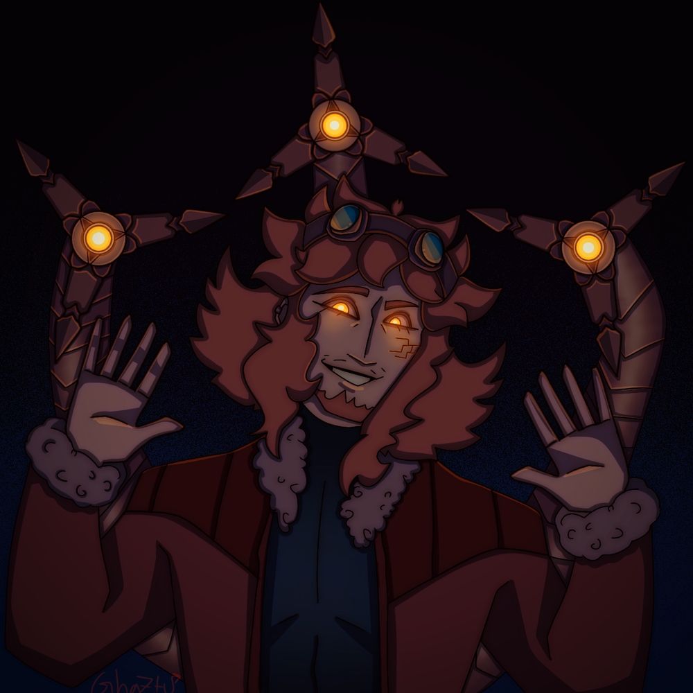 Friedrich, an OC of Ghaztu, smiles and holds his hands up. He also holds his tentacle claws into the air.