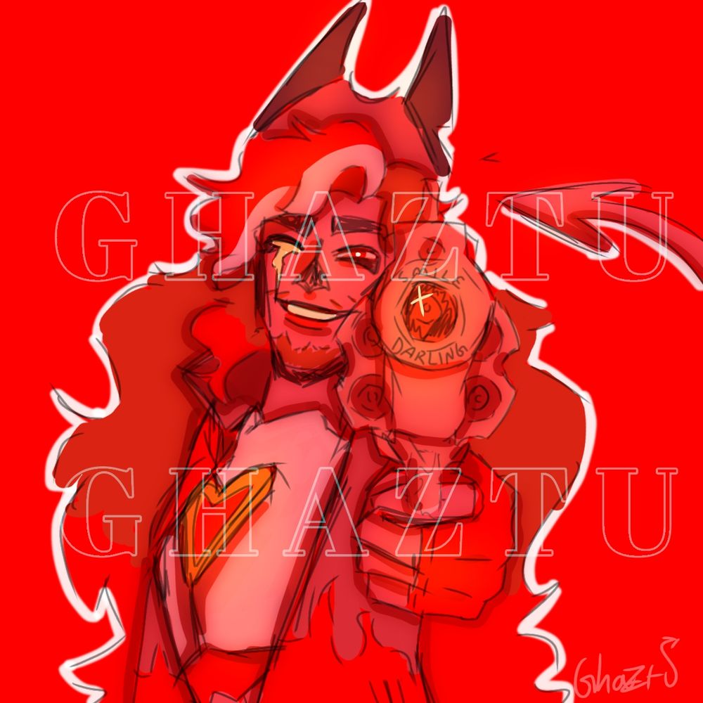 Cowboy Ghaztu holds up a revolver while smiling. His revolver has the words "Smile Darling" carved into it.