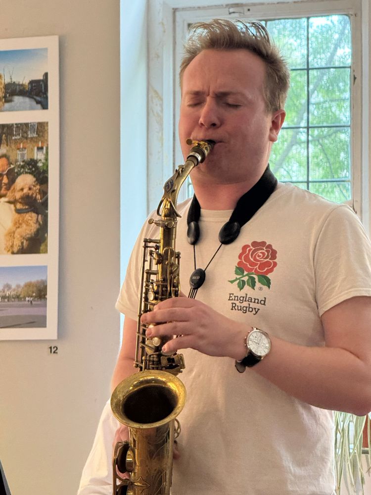 close-up of sax player