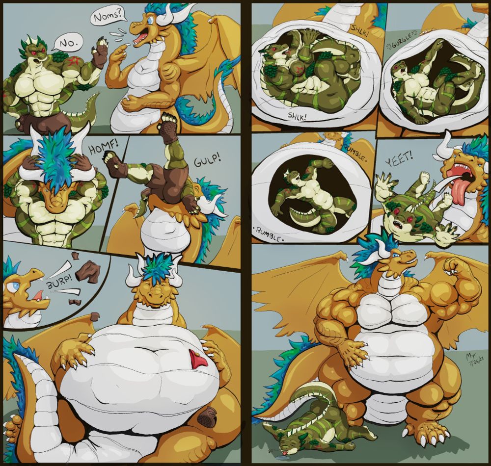Comic involving an overweight gold dragon, named Myr, devouring a muscular Iksar lizard person, named Unk. The gold dragon's belly swells and then drain's the iksar's muscles. Myr grows to musclegut size and spits out a drained and thinned Unk at the end.
