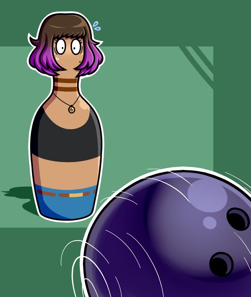 Mallory, transformed into a bowling pin. A bowling ball is fast approaching.