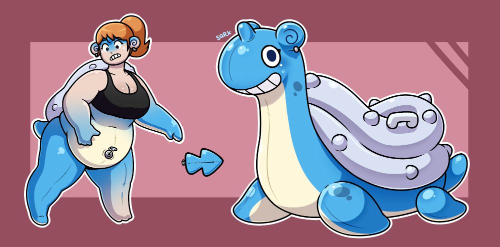 LEFT: A woman halfway through transforming into a Lapras pooltoy. Her belly is inflating into a round shape whilst her limbs smooth out into digitless flippers, and a large inflatable shell forms on her back.

RIGHT: The woman has totally transformed into a Lapras pooltoy, complete with big perma-grin. Her shell is large and has a space for a human to lounge in whilst they float around the pool. 
