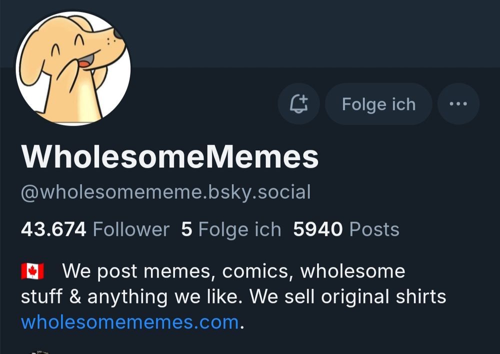 A screenshot of the WholesomeMemes acct.

WholesomeMemes 
@wholesomememe.bsky.social
43674 Followers 5 Following 5940 posts 

🇨🇦  We post memes, comics, wholesome stuff & anything we like. We sell original shirts wholesomememes.com.