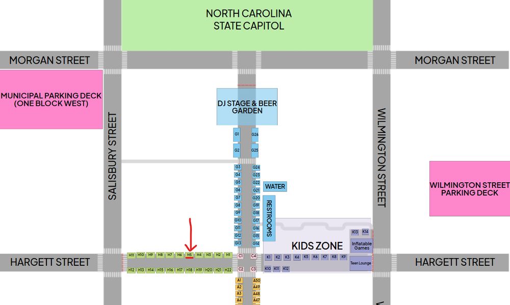 Partial map for the 2025 Out!Raleigh Event showing the location of booth H5 on Hargett St between Salisbury and Fayetteville.