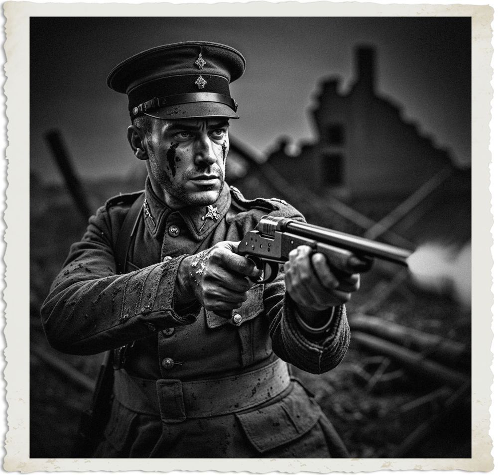 a cinematic photograph of a British sergeant with a stern facial expression and worn, muddy uniform, firing his shotgun in rapid succession amidst the chaos of a nighttime Great War battlefield, with a mix of earthy tones and dark shadows, the sergeant's face illuminated by the muzzle flash, his skin weathered and dirty, with a strong jawline and determined eyes, wearing a classic Brodie helmet and carrying a standard issue shotgun, the scene framed by the darkness of the night, with subtle hints of destroyed buildings and trenches in the background, the overall mood ominous and intense, with a shallow depth of field to emphasize the sergeant's actions, captured in a gritty, high-contrast photography style.