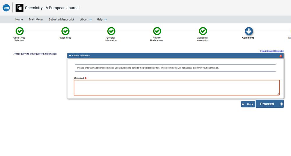 screenshot of "editorialmanager.com" for submitting an article to "Chemistry-A European Journal", where "comments" are required.