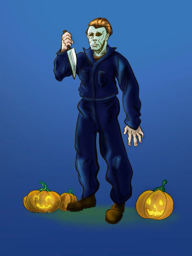 Image of Halloween (1978) antagonist Michael Myers (credited as “The Shape”) standing holding a kitchen knife in front of 3 Jack-o-lanterns