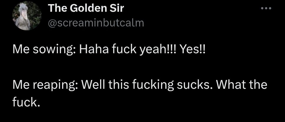 Twitter post: 

Me sowing: Haha fuck yeah!!! Yes!! 

Me reaping: Well this fucking sucks. What the fuck.
