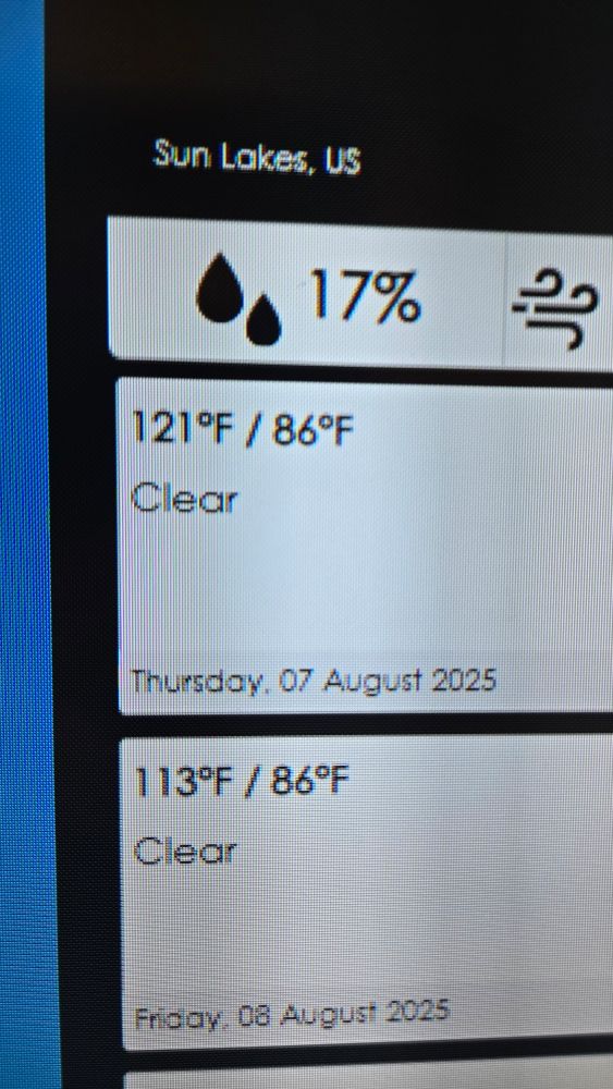A weather forecast showing a high of 121 degrees Fahrenheit today 
