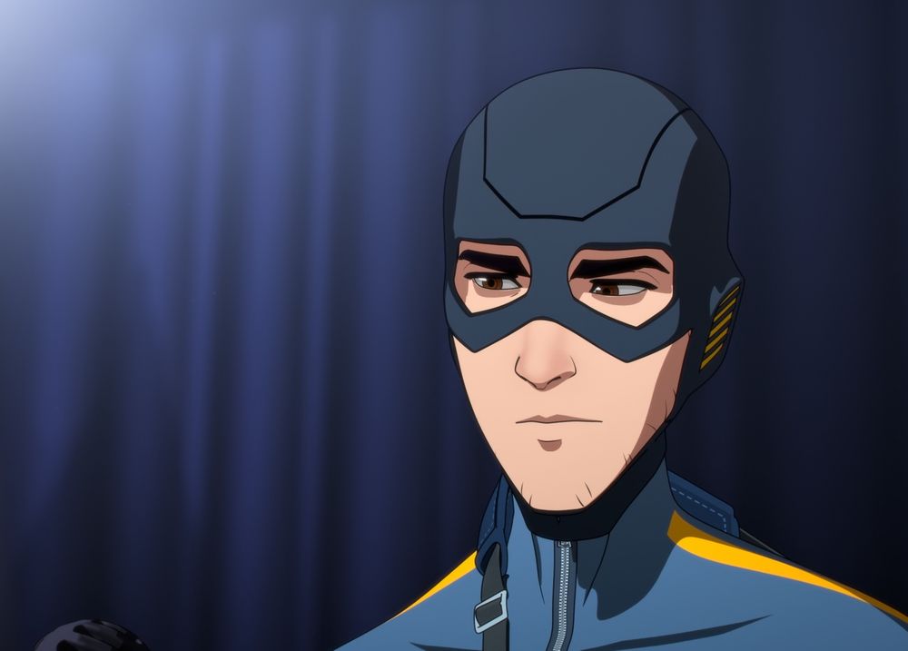 A cartoon white guy with a dark desaturated blue superhero uniform mask on.