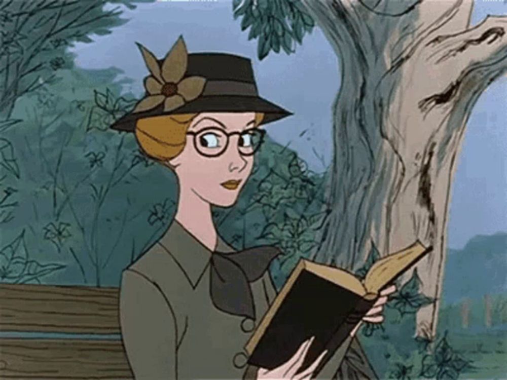 a cartoon woman wearing glasses is reading a book while sitting under a tree .