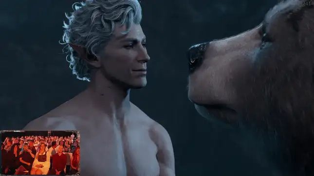 Screencap of the trailer for Baldurs Gate 3
A shirtless Astarion and a bear gaze at eachother
There’s a small picture-in-picture image in the bottom left corner of a crowd reaction.
