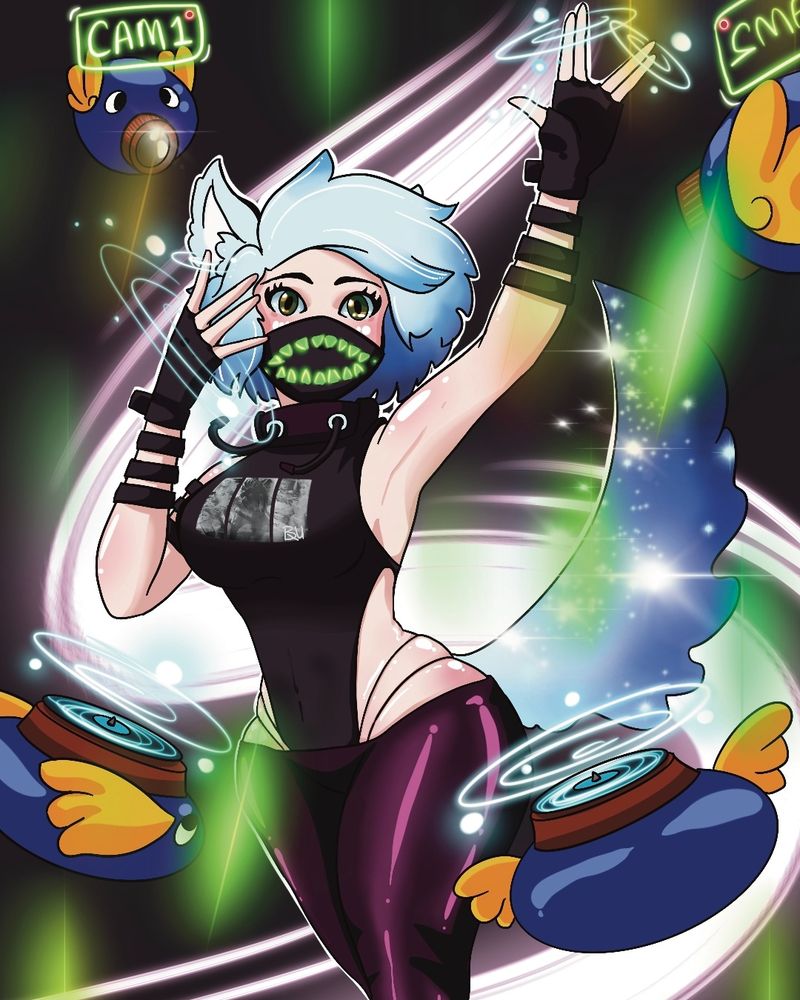 I imagine she drew the previous one, then probably felt bad to cover such a cute face with the mask. 
I like the pointy teeth mask because it reminds me of Tokyo Machine, and I was underwhelmed by this avi's expressions- especially while DJing.