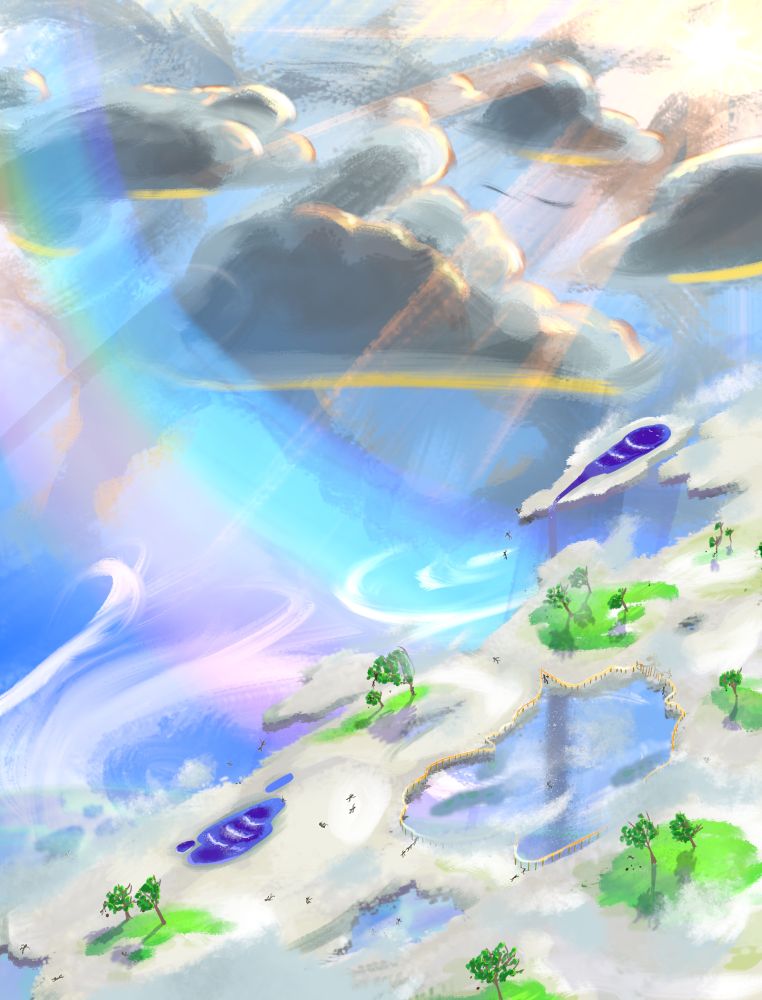 The landscape of heaven tilts as the angels struggle to hold on. they are falling. it's all falling to earth.