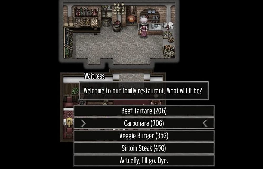 A screenshot of a top down RPG showing the protagonist and a waitress standing at a busy family restaurant. The Waitress welcomes you and asks what you're having. The options are: Beef Tartare (20G), Carbonara (30G), Veggie Burger (35G), Sirloin Steak (45G) and Actually, I'll go. Bye.