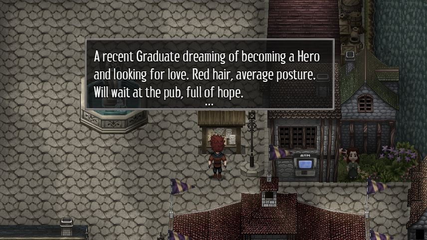 A screenshot of a top down RPG showing the protagonist standing in front of a medieval town's bulletin board. He is reading the personal ad he just posted. It reads: A recent graduate dreaming of becoming a hero and looking for love. Red hair, average posture. Will wait at the pub, full of hope.
