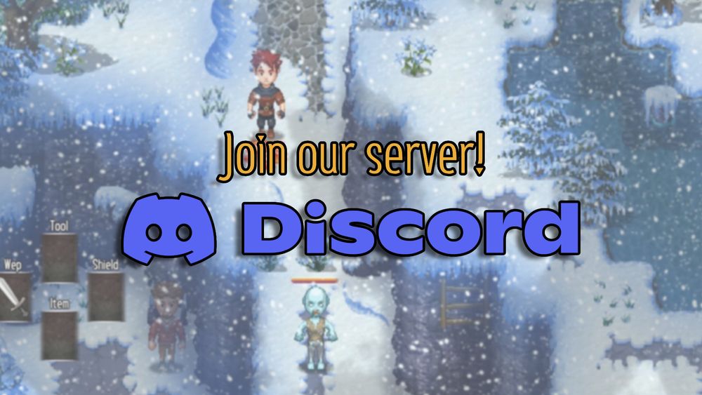 A graphic calling people to join our server, with the Discord logo and font under it. The background is a game screenshot of a snowy landscape. On it are the protagonist, an NPC, and a zombie enemy with a health bar above them. The quick-select item menu is on the bottom left.