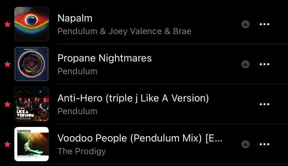 Screenshot from Apple Music of favorited Pendulum songs