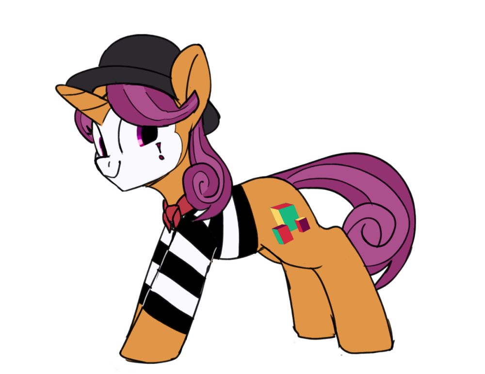The background pony, a unicorn known as 'Quiet Gestures, stands proudly with her hat in her mime outfit.