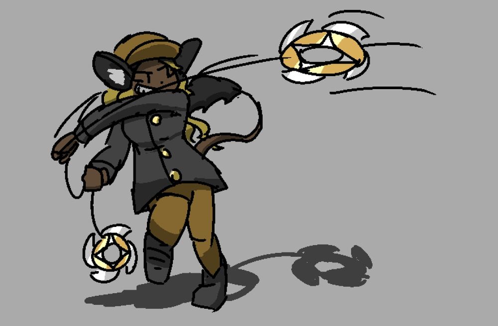 A different girl in another action pose, swinging around a chakram connected to a tether.