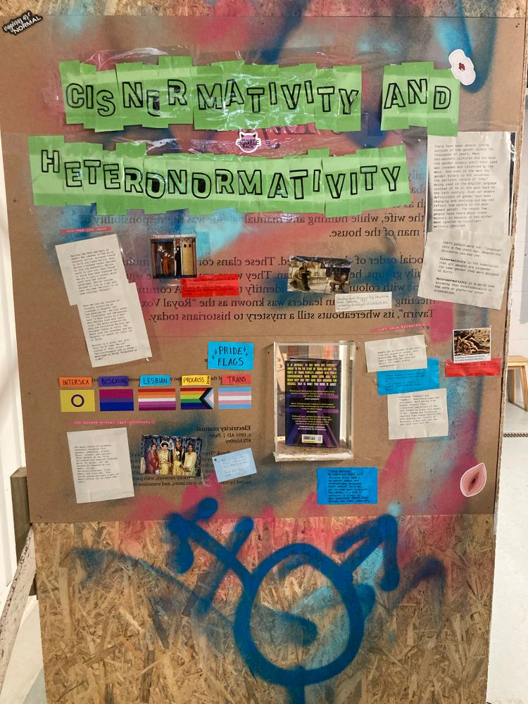 Exhibition stand that contains the text ‘cisnormativity’ and ‘heteronormativity’
