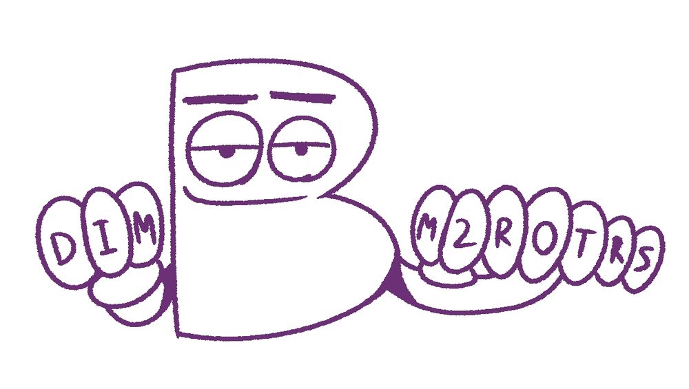 a line drawing of b with the most awesome knuckle tattoo set imaginable. "DIM" is written on one hand and the other has "M2ROTRS". he has extra fingers to compensate for the space, don't worry.