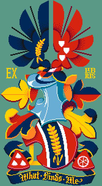 A pixelart drawing of a coat of arms depicting a shield with an ear of wheat