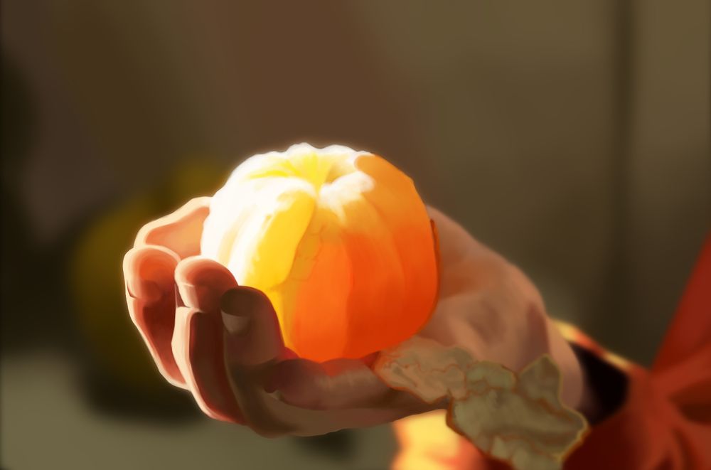 A detailed painting of a still life scene. A hand of a man holding a peeled orange and strong sunlight hitting them both, creating a strong but beautiful contrast between colors. The main focus of this painting are subsurface scattering and bounce light(I recommend searching these terms up),  they create interesting and saturated color transitions on the subjects of this painting. The colors of the orange go from white, yellow, orange and almost to red-orange color at the darker parts, away from the direct sunlight. The colors of the hand go from white, to fleshy reds where the subsurface scattering happens, to dark reds in the shadows and muted flesh tones on the rest of the hand where the sunlight isn't hitting it directly. Where the hand is holding the orange, bounce light from the orange affects the color of the hand, turning the skin slightly orange. The man is wearing a long sleeved, red hoodie or blouse, that is also being hit by the direct sunlight at the top, but unlike the hand it's out of focus. The background of this painting is blurred, as it was in the reference, creating a direct focus on the subject of this image.