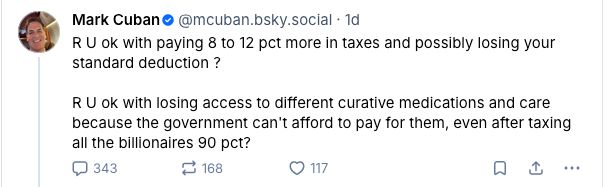 R U ok with paying 8 to 12 pct more in taxes and possibly losing your standard deduction ? 

R U ok with losing access to different curative medications and care because the government can't afford to pay for them, even after taxing all the billionaires 90 pct?