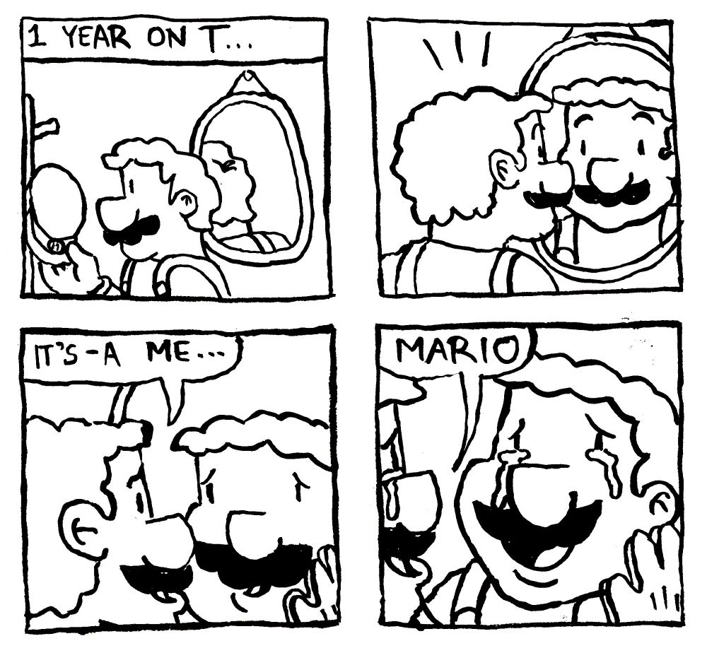 1 Year on T... Mario hangs his hat on a nearby rack then notices himself in the mirror. He says "it's-a me..." Tears of joy stream down his cheeks and he finishes "Mario"
