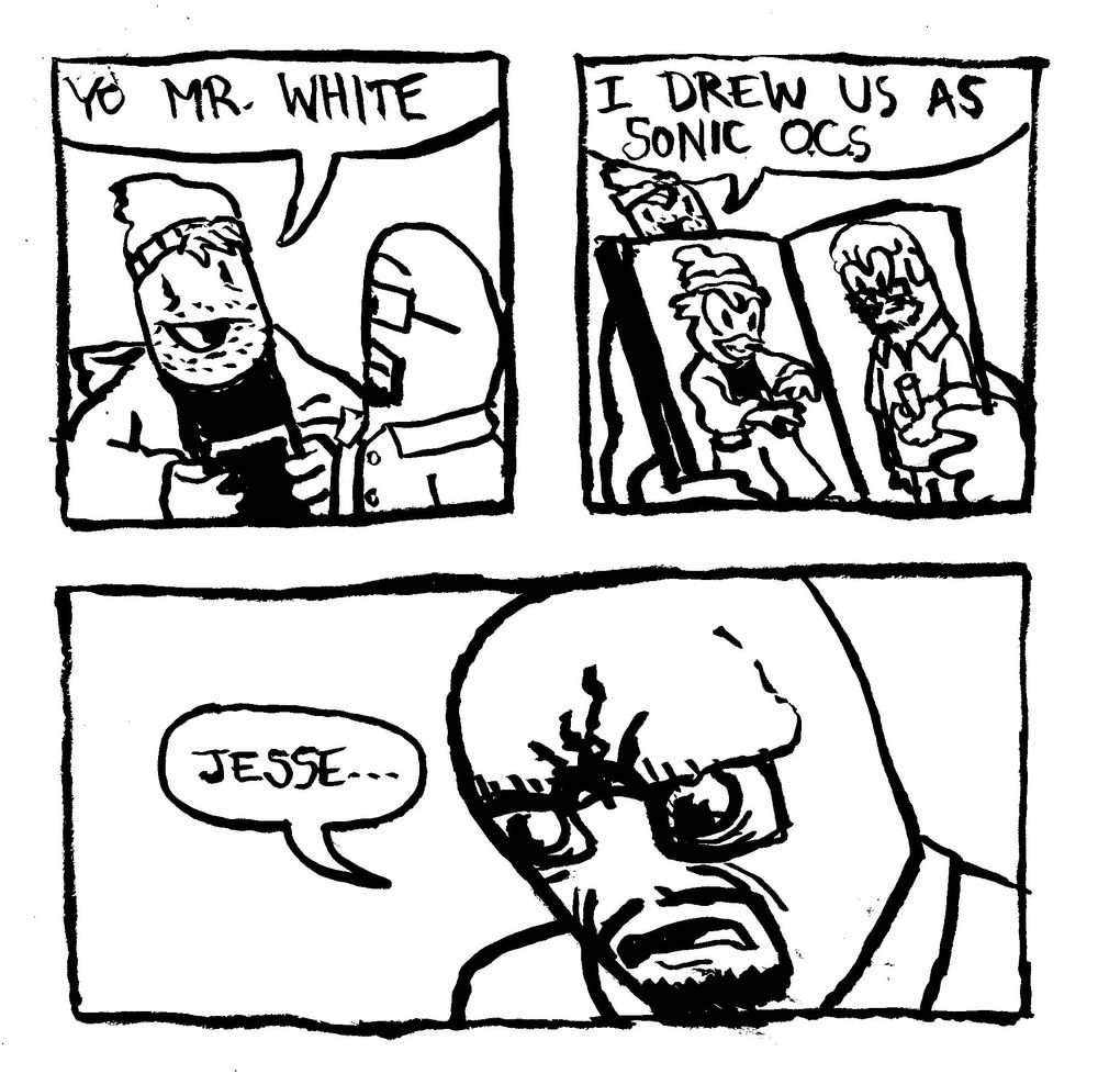 Jesse Pinkman approaches Walter White and says "you Mr. White" He opens his sketchbook to show Ken Penders-like drawings of him and Walt. He says "I drew us as Sonic OCs." Walt furrows his brow, becomes very intense and says "Jesse..."