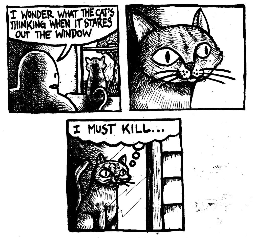 A man looks at his cat transfixed by the outside world. He asks himself "I wonder what the cat's thinking when it stares out the window." The cat stares with great focus. Its one thought: I must kill...