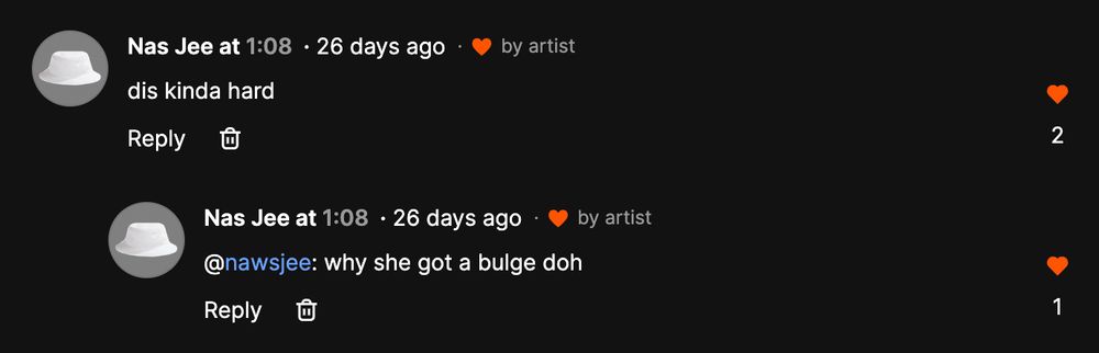 User Nas Jee says "dis kinda hard" then replies again "why she got a bulge doh"