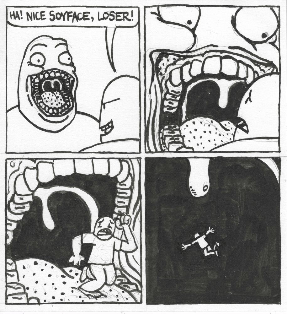 A man is opening his mouth very wide. Another man mocks him, saying 