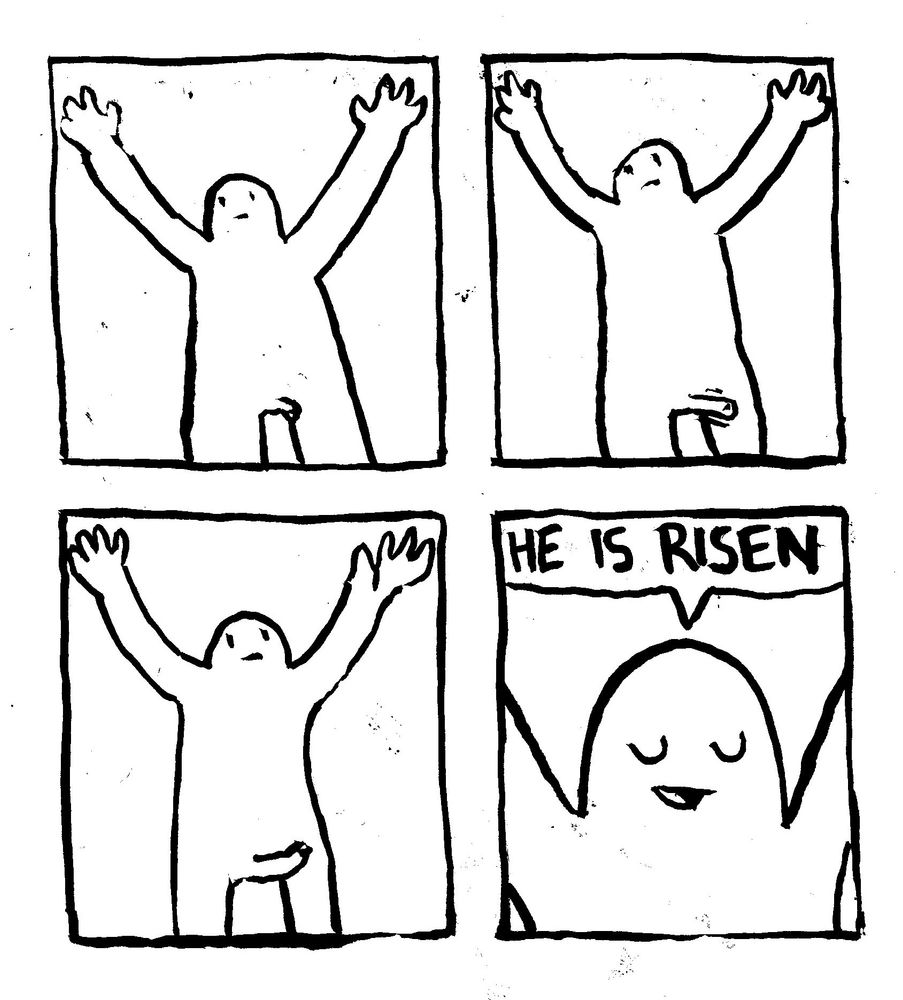 A man with a flaccid penis outstretches his arms towards the heavens and slowly gets an erection. Once his penis is fully erect, he shuts his eyes and says "he is risen."