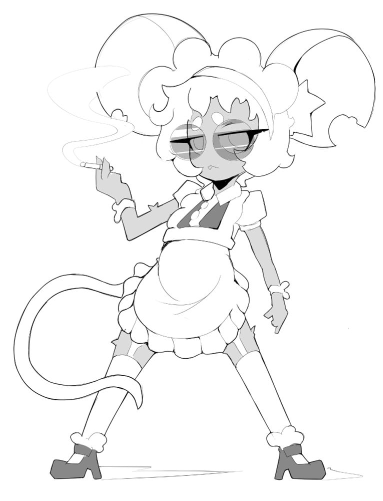 a mouse-girl wearing a maid uniform and smoking a cigarette. 