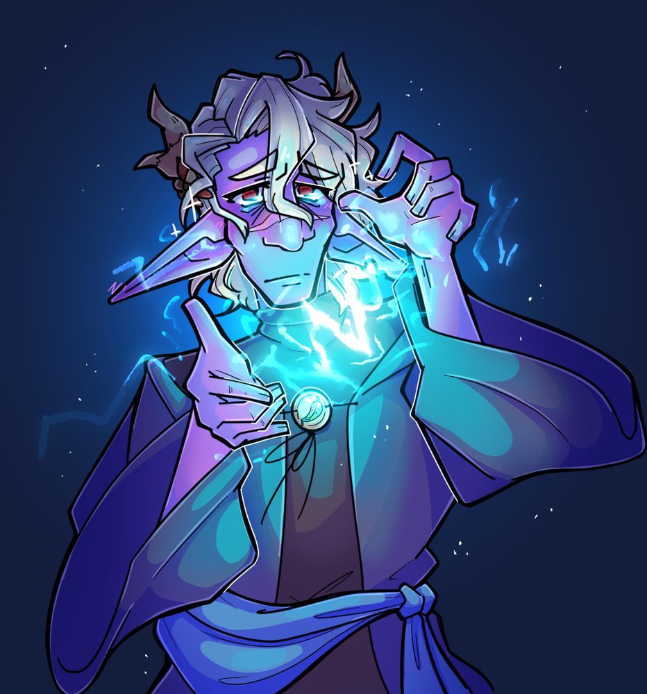 my drow pathfinder druid casting lighting between his hands with a sorrowful look on his face. 