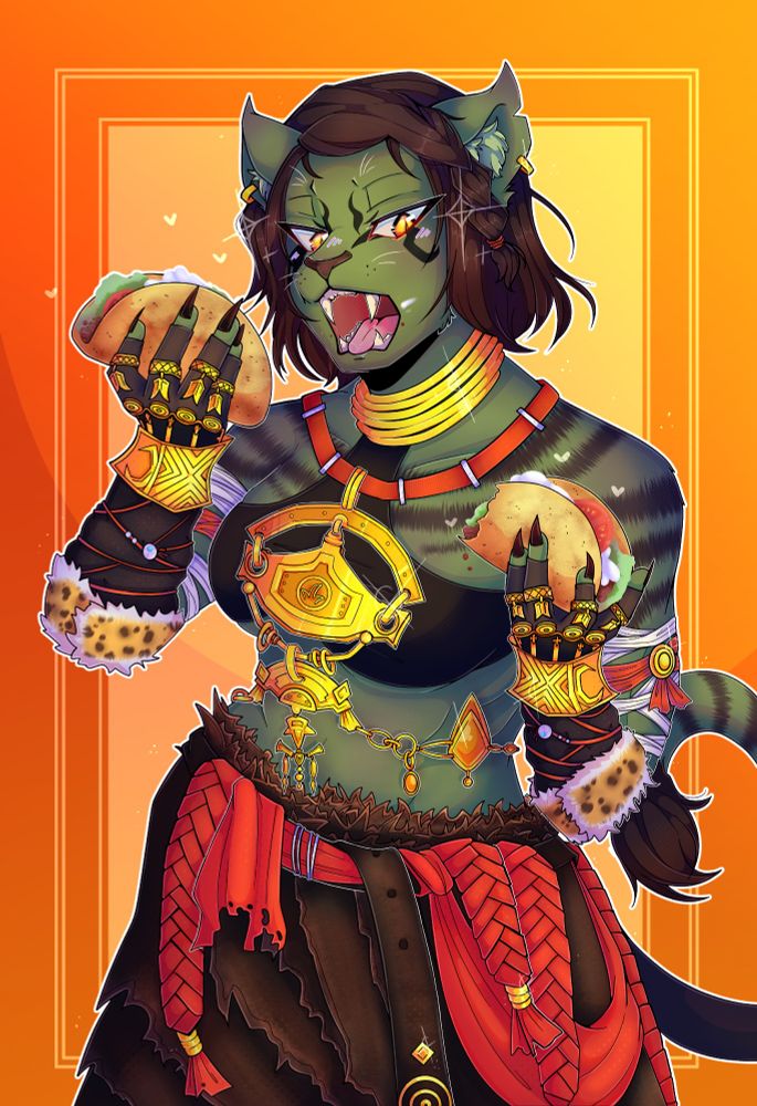 A Hrothgar woman enjoying some yummy tacos :3