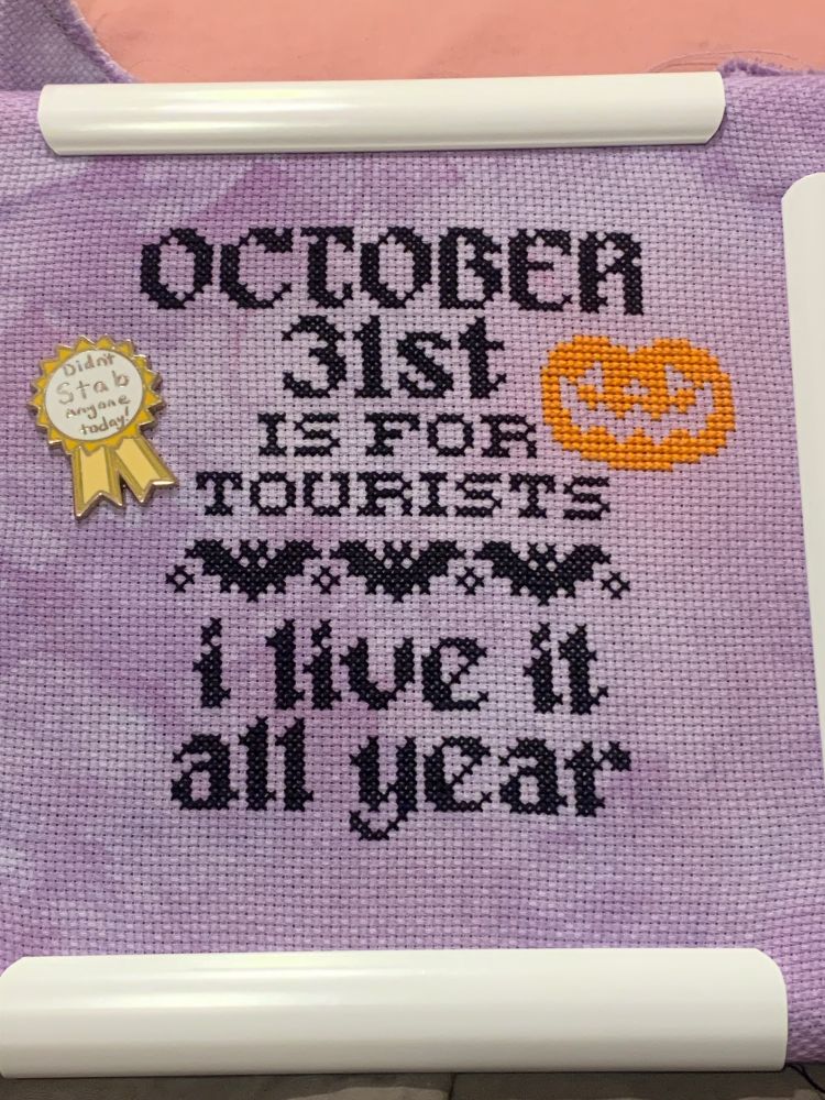 Unfinished cross stitch. Back text on purple fabric that reads “October 31st is for tourists. I live it all year.”  One incomplete jack-o-lantern.