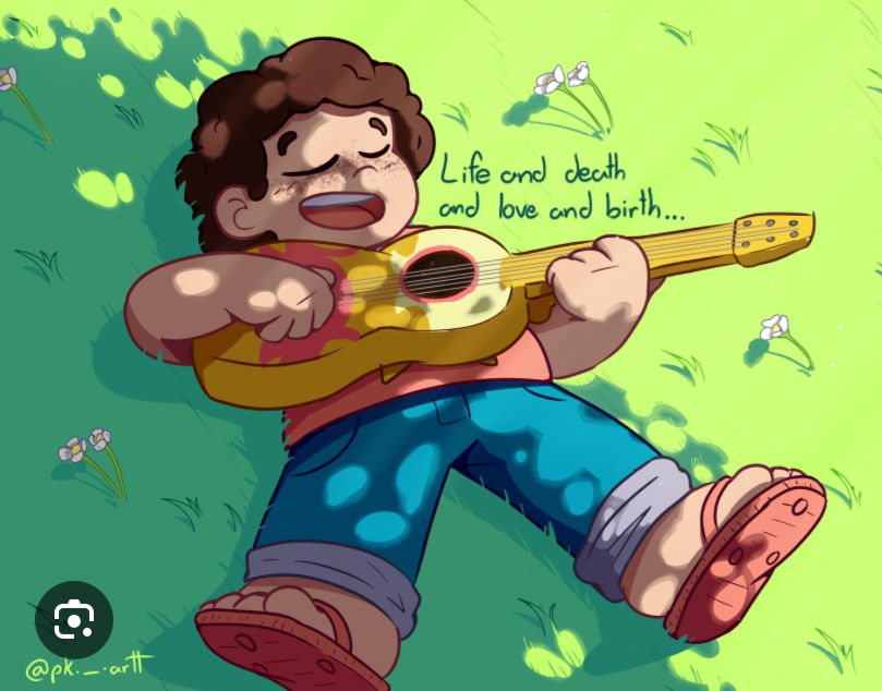 Stephen from Steven universe laying in the grass playing guitar while singing about life death peace and war