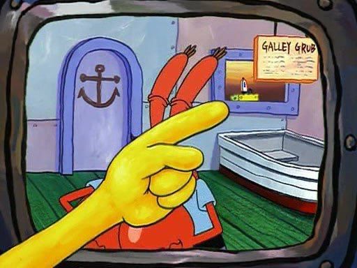 screenshot from spongebob. 

spongebob pointing at himself in the background, where you can just see the top of his head