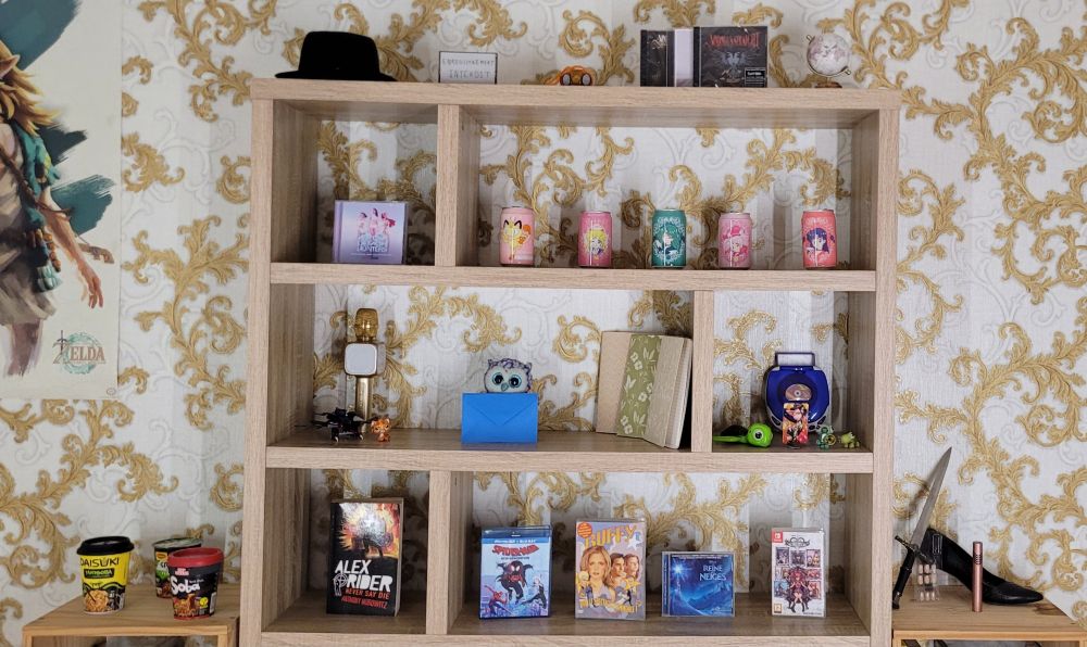 Décor de la prochaine Interludes avec : 
Au dessus : Un chapeau noir, la cassette enregistrement interdit, une radio orange, 3CD de Nobody's Straight, un globe
Rang du haut : Le CD K-Pop Demon Hunter, 5 canettes de soda 
Rang du milieu : Un vaisseau corbeau lego, un petshop Tigre qui derp, un micro dorée, une lettre bleu, un hibou bleu et violet, 3 carnets, un lecteur de CD jouet, une carte Zoey entourée de figurine de tortue 
Rang du bas : 3 pot de ..., le livre Alex Rider Never Say Die, Into the spiderverse, Buffy Once More With Feeling, Le Cd de la reine des neiges, Melodie of Mémoires sur Swith, des talons aiguilles, des faux ongles, une lame, du mascara.