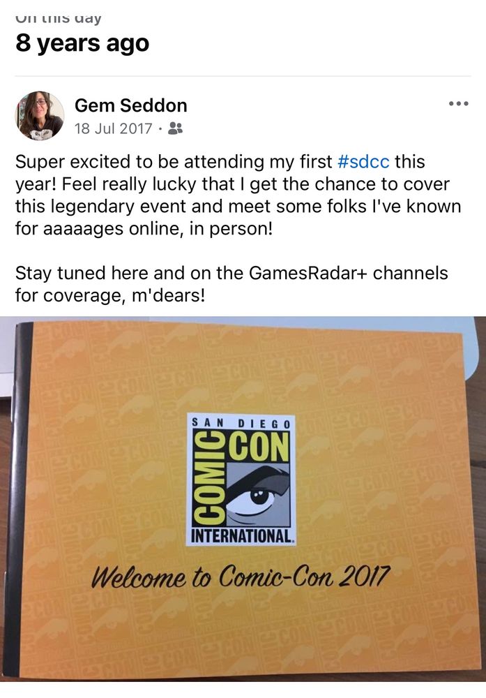 A Facebook memory by gem Seddon showing a photo of a SDCC Comic-Con 2017 welcome packet.