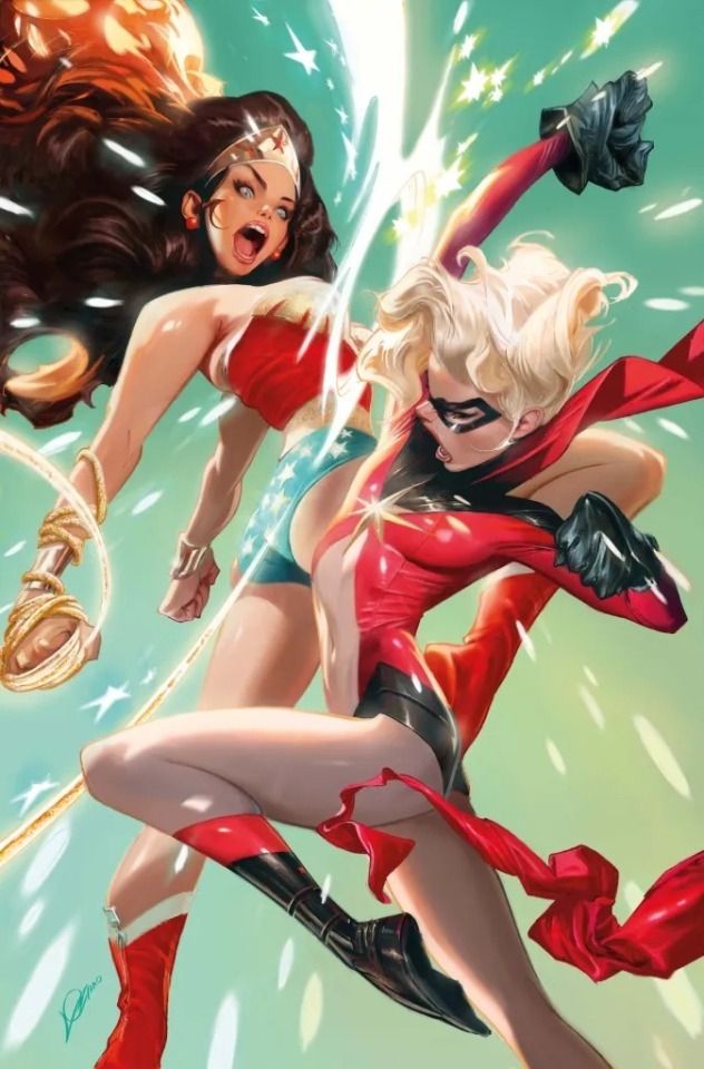 a technically and visually deficient cover from DC Comics featuring Wonder Woman and Marvel's Captain Marvel duking it out