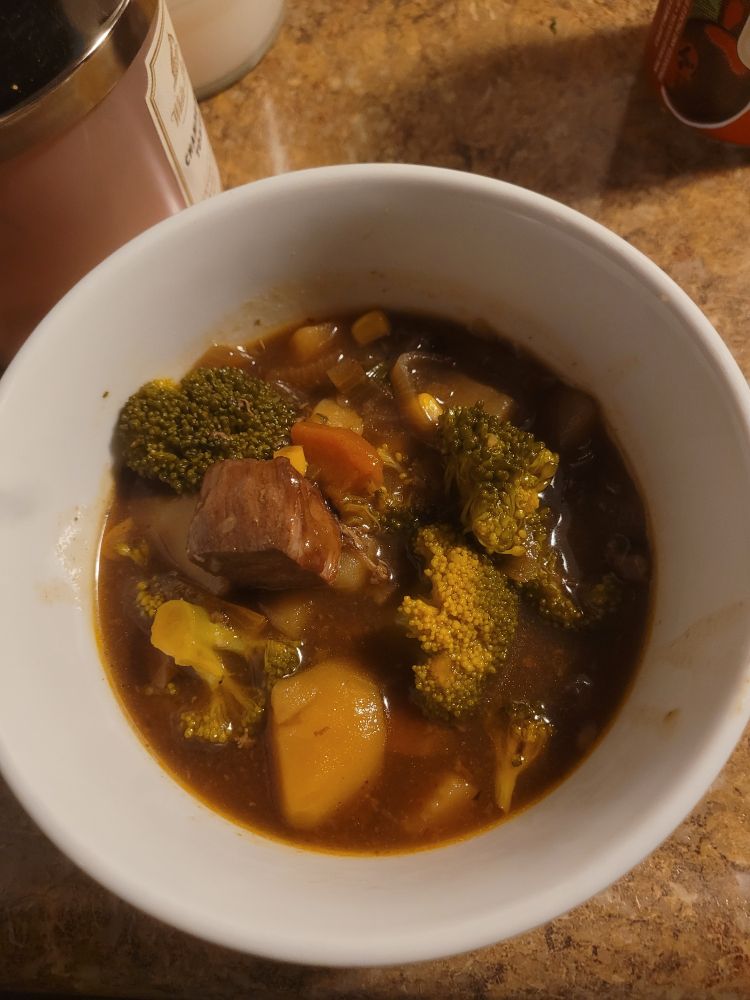 a photo of a delicious bowl of beef stew with huge pieces of meat, potato and broccoli