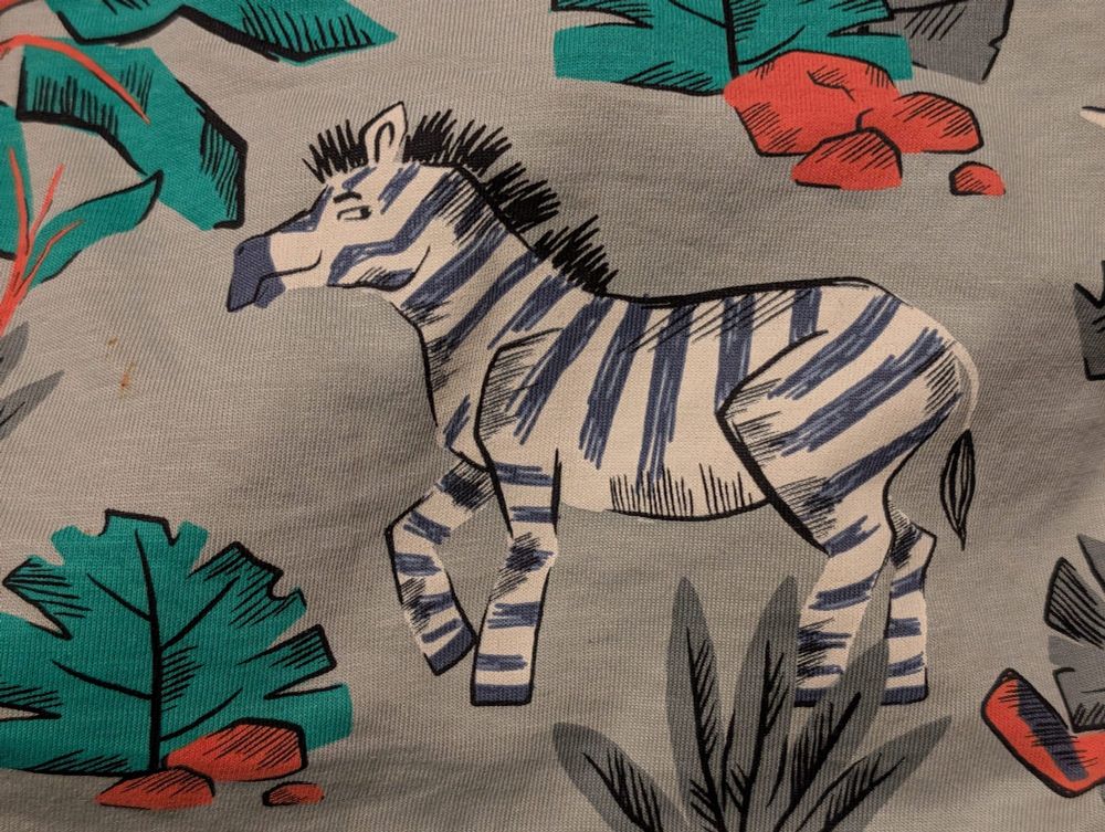A cartoon zebra on a shirt with a smirking face.