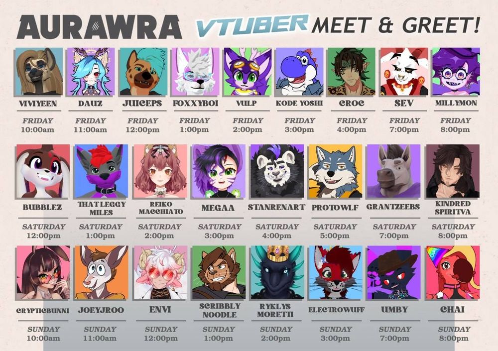 Images of 25 VTuber models of different animals and creatures with different time allocations, and the words "Aurawra Vtuber Meet and Greet" at the top. 