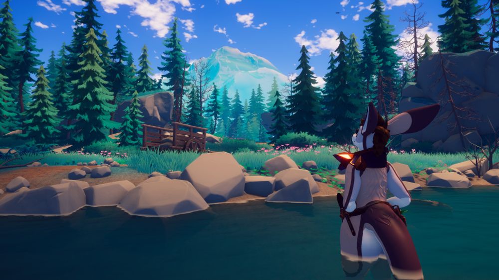 A VRChat screenshot of a forest world. There is a kangaroo standing in a pond, rocks along the middle and tall pine trees across the landscape. There is a mountain in the distance.
